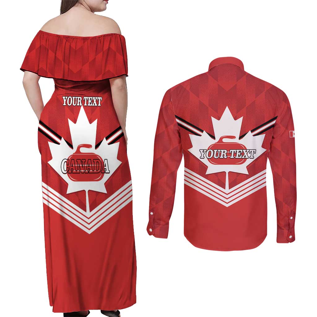 Personalized Canada Curling Couples Matching Off Shoulder Maxi Dress and Long Sleeve Button Shirt Maple Leaf Red Version - Wonder Print Shop