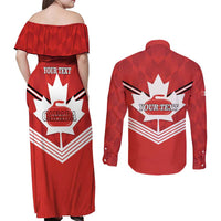 Personalized Canada Curling Couples Matching Off Shoulder Maxi Dress and Long Sleeve Button Shirt Maple Leaf Red Version - Wonder Print Shop