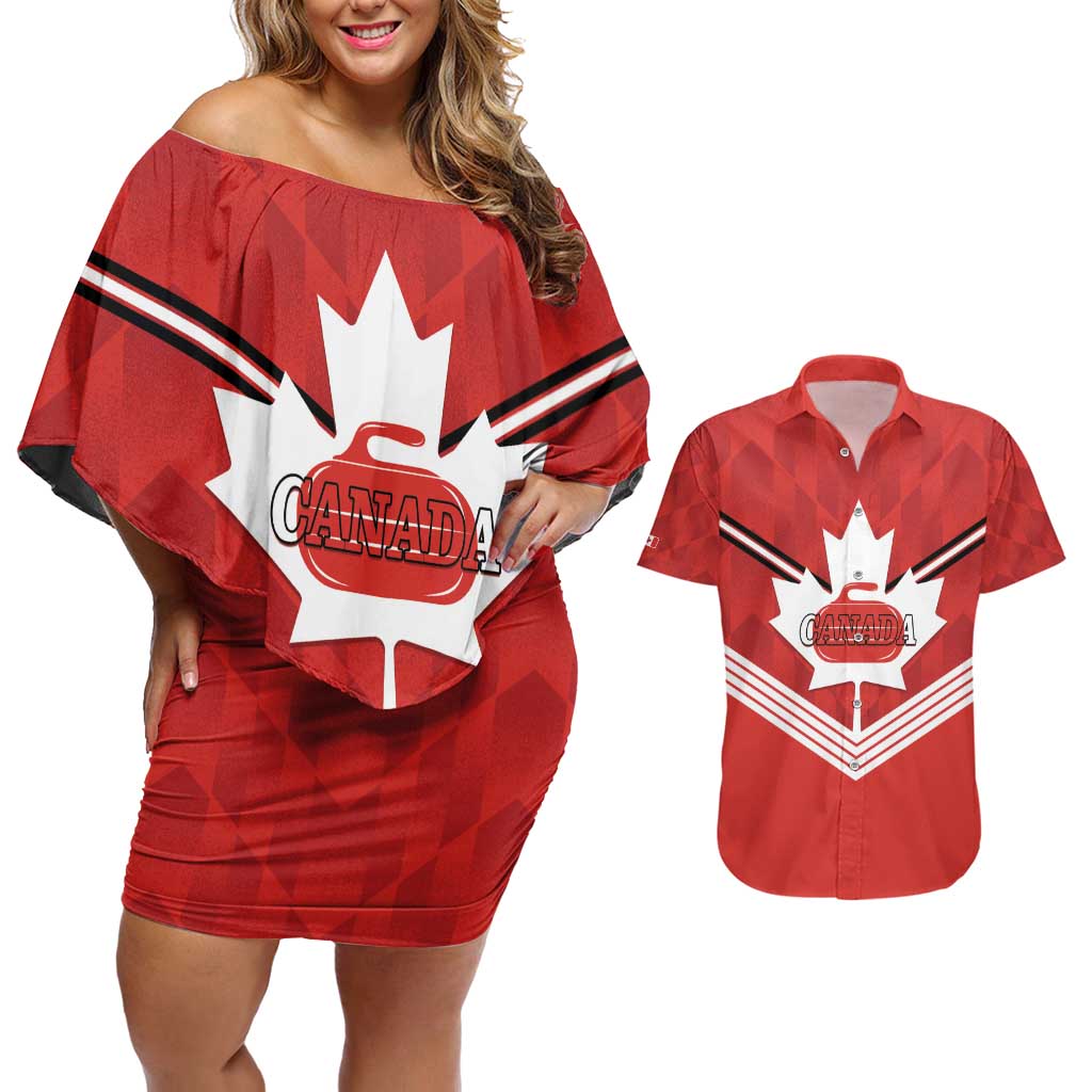 Personalized Canada Curling Couples Matching Off Shoulder Short Dress and Hawaiian Shirt Maple Leaf Red Version - Wonder Print Shop