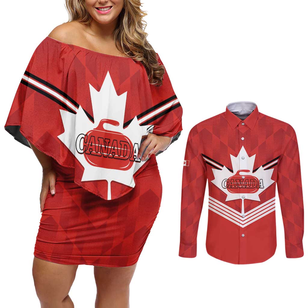 Personalized Canada Curling Couples Matching Off Shoulder Short Dress and Long Sleeve Button Shirt Maple Leaf Red Version - Wonder Print Shop