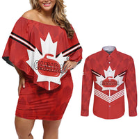 Personalized Canada Curling Couples Matching Off Shoulder Short Dress and Long Sleeve Button Shirt Maple Leaf Red Version - Wonder Print Shop