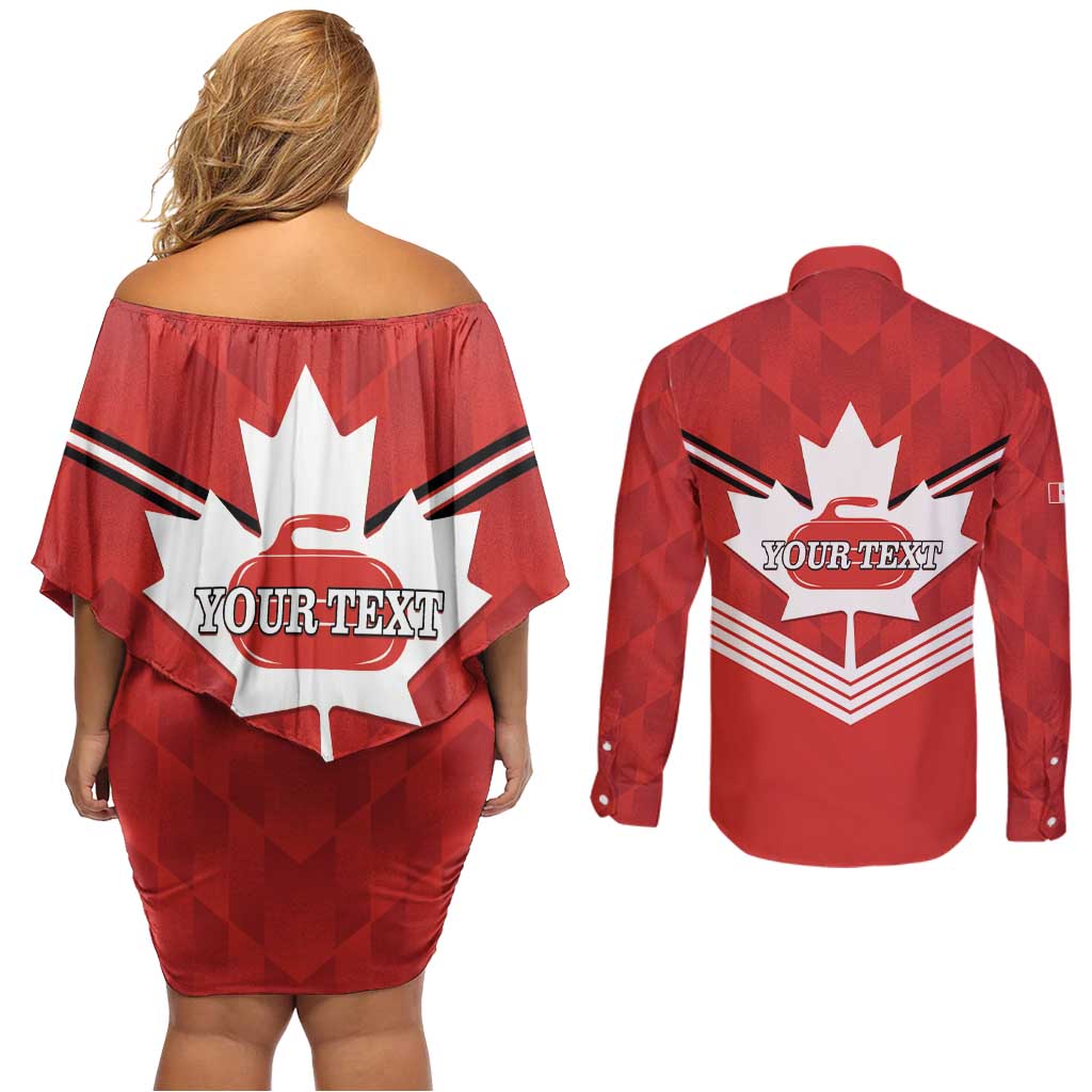 Personalized Canada Curling Couples Matching Off Shoulder Short Dress and Long Sleeve Button Shirt Maple Leaf Red Version - Wonder Print Shop