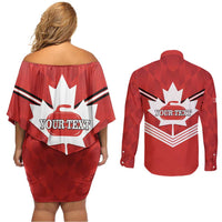 Personalized Canada Curling Couples Matching Off Shoulder Short Dress and Long Sleeve Button Shirt Maple Leaf Red Version - Wonder Print Shop