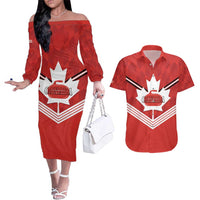 Personalized Canada Curling Couples Matching Off The Shoulder Long Sleeve Dress and Hawaiian Shirt Maple Leaf Red Version - Wonder Print Shop