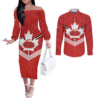 Personalized Canada Curling Couples Matching Off The Shoulder Long Sleeve Dress and Long Sleeve Button Shirt Maple Leaf Red Version - Wonder Print Shop