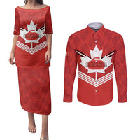 Personalized Canada Curling Couples Matching Puletasi and Long Sleeve Button Shirt Maple Leaf Red Version - Wonder Print Shop