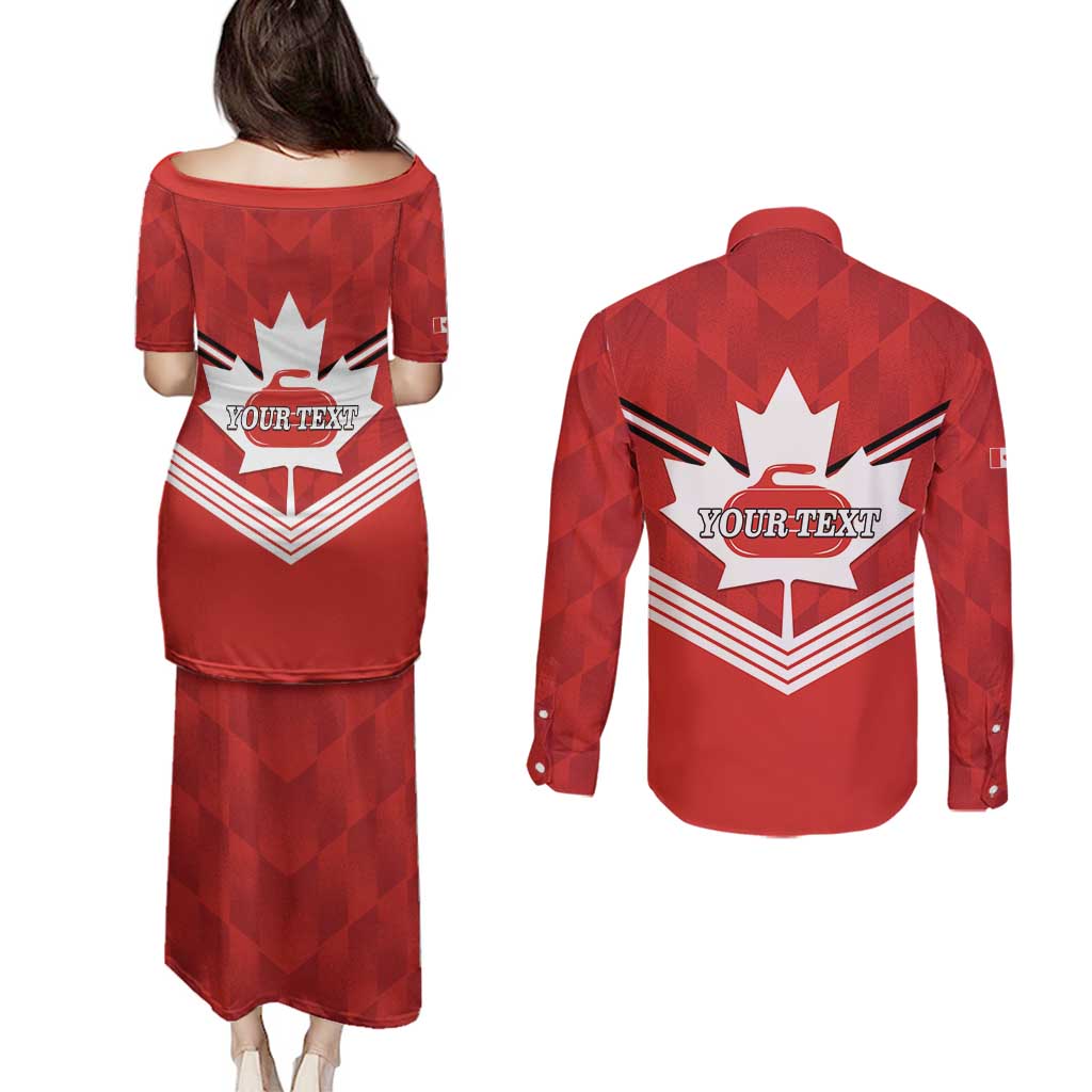 Personalized Canada Curling Couples Matching Puletasi and Long Sleeve Button Shirt Maple Leaf Red Version - Wonder Print Shop