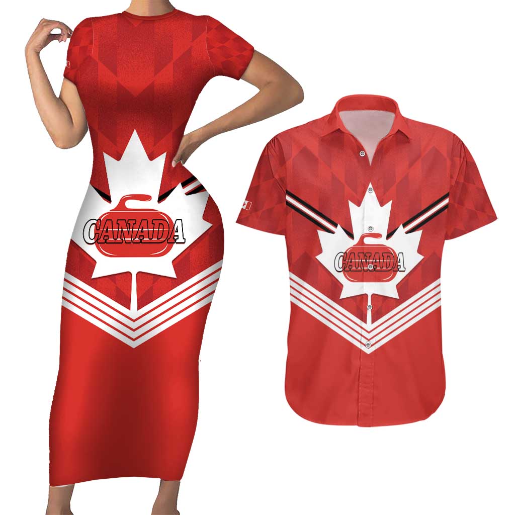 Personalized Canada Curling Couples Matching Short Sleeve Bodycon Dress and Hawaiian Shirt Maple Leaf Red Version - Wonder Print Shop