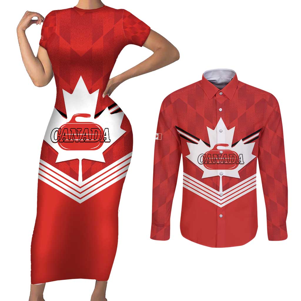 Personalized Canada Curling Couples Matching Short Sleeve Bodycon Dress and Long Sleeve Button Shirt Maple Leaf Red Version - Wonder Print Shop
