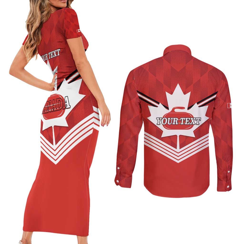 Personalized Canada Curling Couples Matching Short Sleeve Bodycon Dress and Long Sleeve Button Shirt Maple Leaf Red Version - Wonder Print Shop