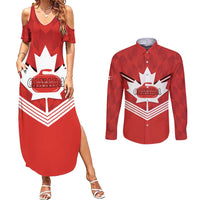 Personalized Canada Curling Couples Matching Summer Maxi Dress and Long Sleeve Button Shirt Maple Leaf Red Version - Wonder Print Shop