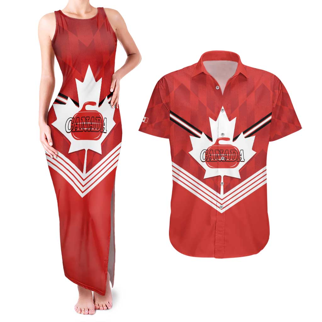 Personalized Canada Curling Couples Matching Tank Maxi Dress and Hawaiian Shirt Maple Leaf Red Version - Wonder Print Shop