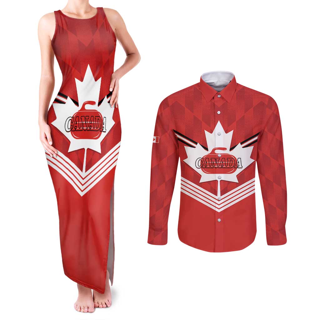 Personalized Canada Curling Couples Matching Tank Maxi Dress and Long Sleeve Button Shirt Maple Leaf Red Version - Wonder Print Shop