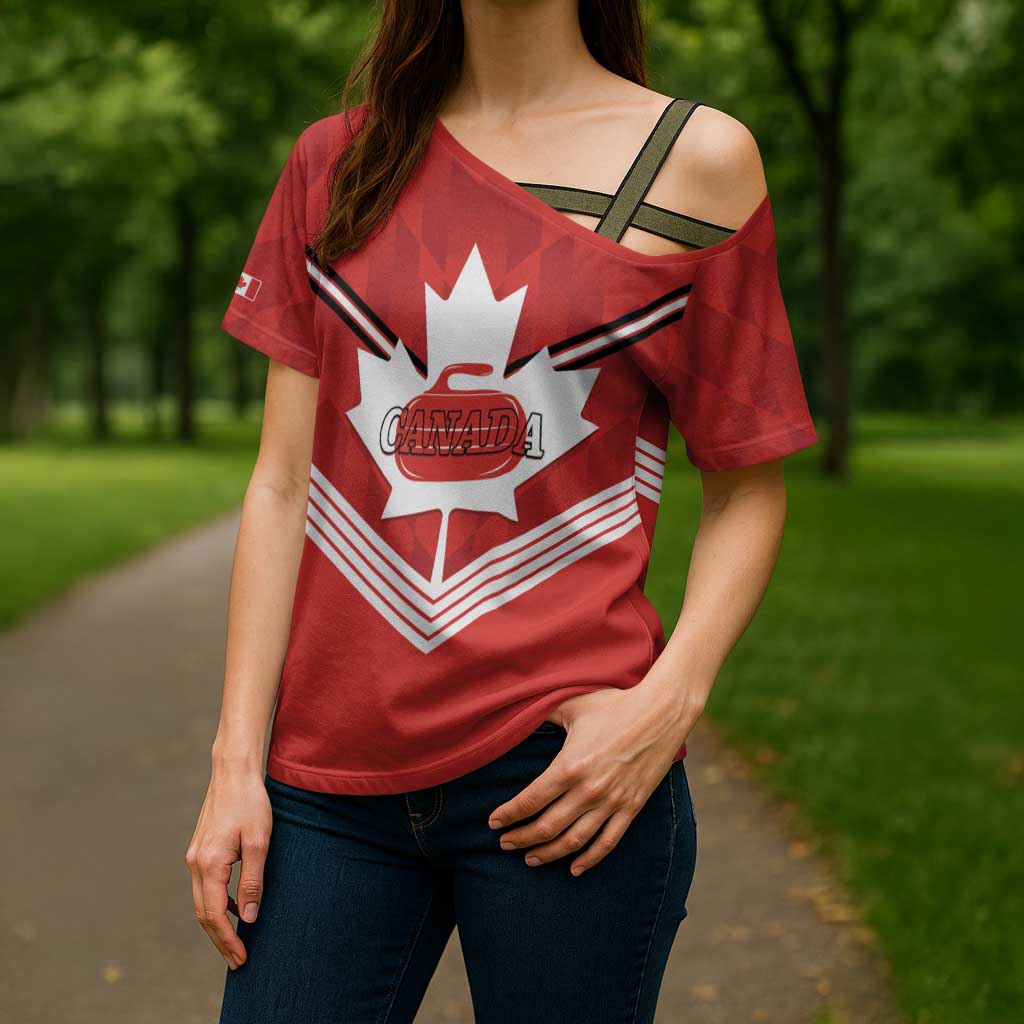 Personalized Canada Curling Cross Shoulder Shirt Maple Leaf Red Version - Wonder Print Shop