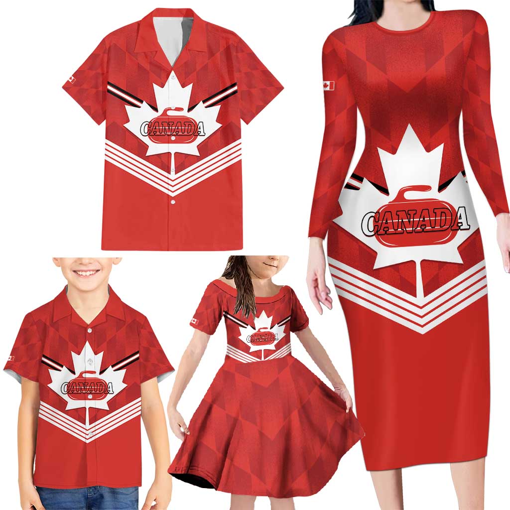 Personalized Canada Curling Family Matching Long Sleeve Bodycon Dress and Hawaiian Shirt Maple Leaf Red Version - Wonder Print Shop