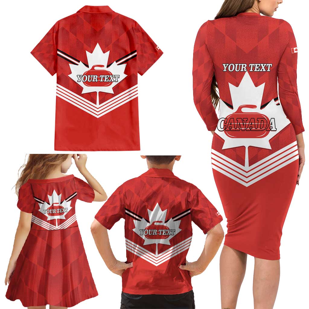 Personalized Canada Curling Family Matching Long Sleeve Bodycon Dress and Hawaiian Shirt Maple Leaf Red Version - Wonder Print Shop