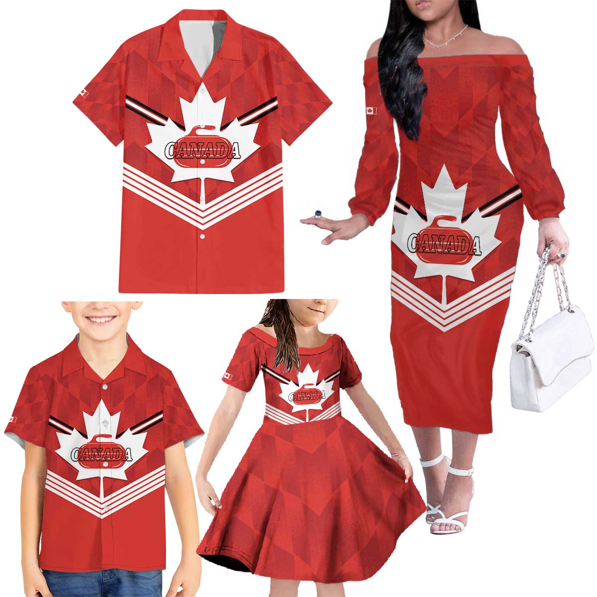 Personalized Canada Curling Family Matching Off The Shoulder Long Sleeve Dress and Hawaiian Shirt Maple Leaf Red Version - Wonder Print Shop