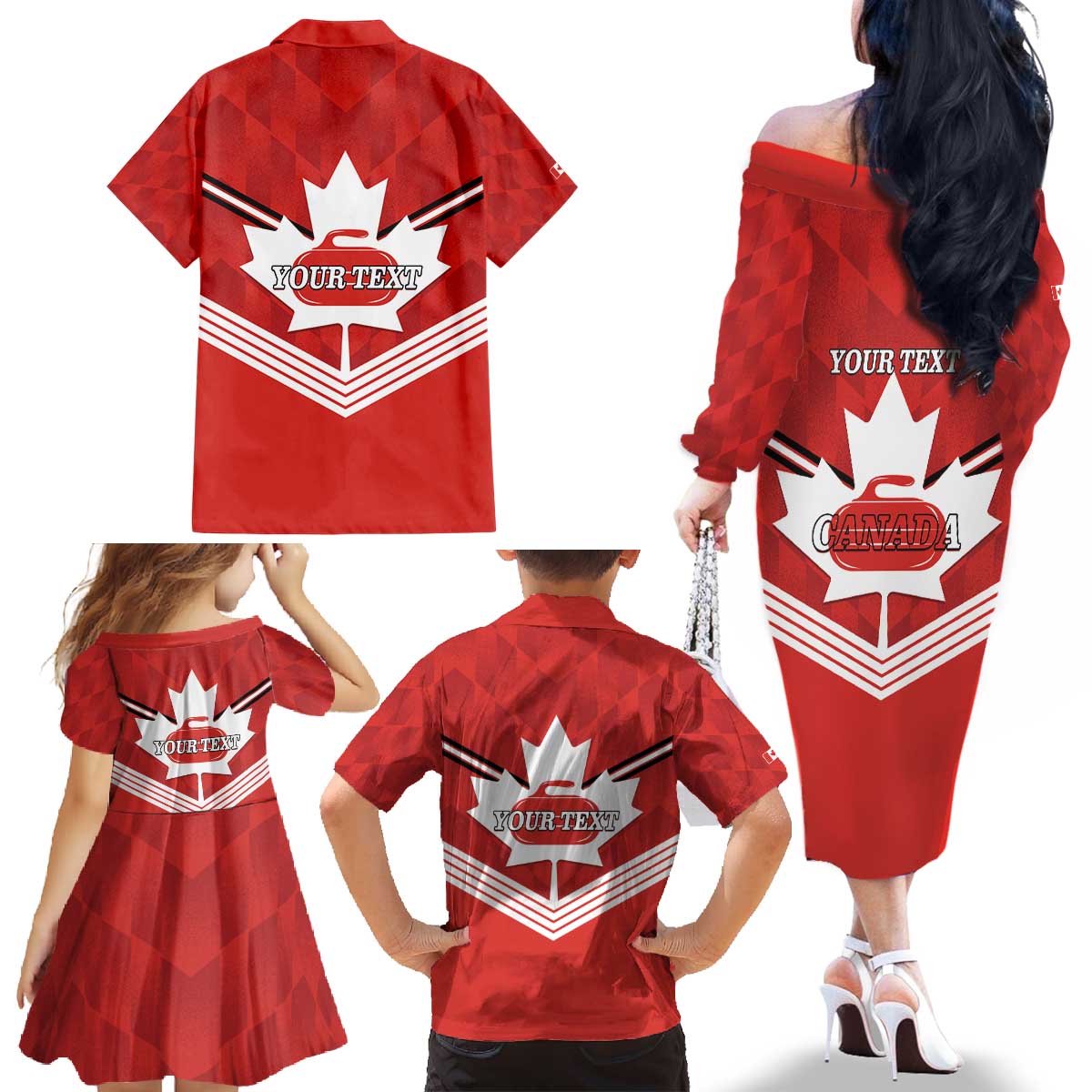 Personalized Canada Curling Family Matching Off The Shoulder Long Sleeve Dress and Hawaiian Shirt Maple Leaf Red Version - Wonder Print Shop