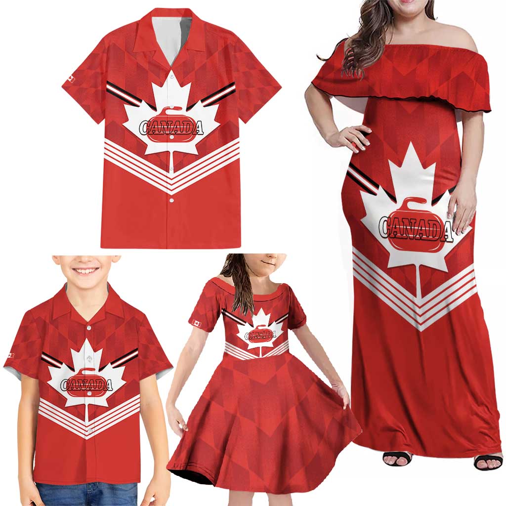 Personalized Canada Curling Family Matching Off Shoulder Maxi Dress and Hawaiian Shirt Maple Leaf Red Version - Wonder Print Shop