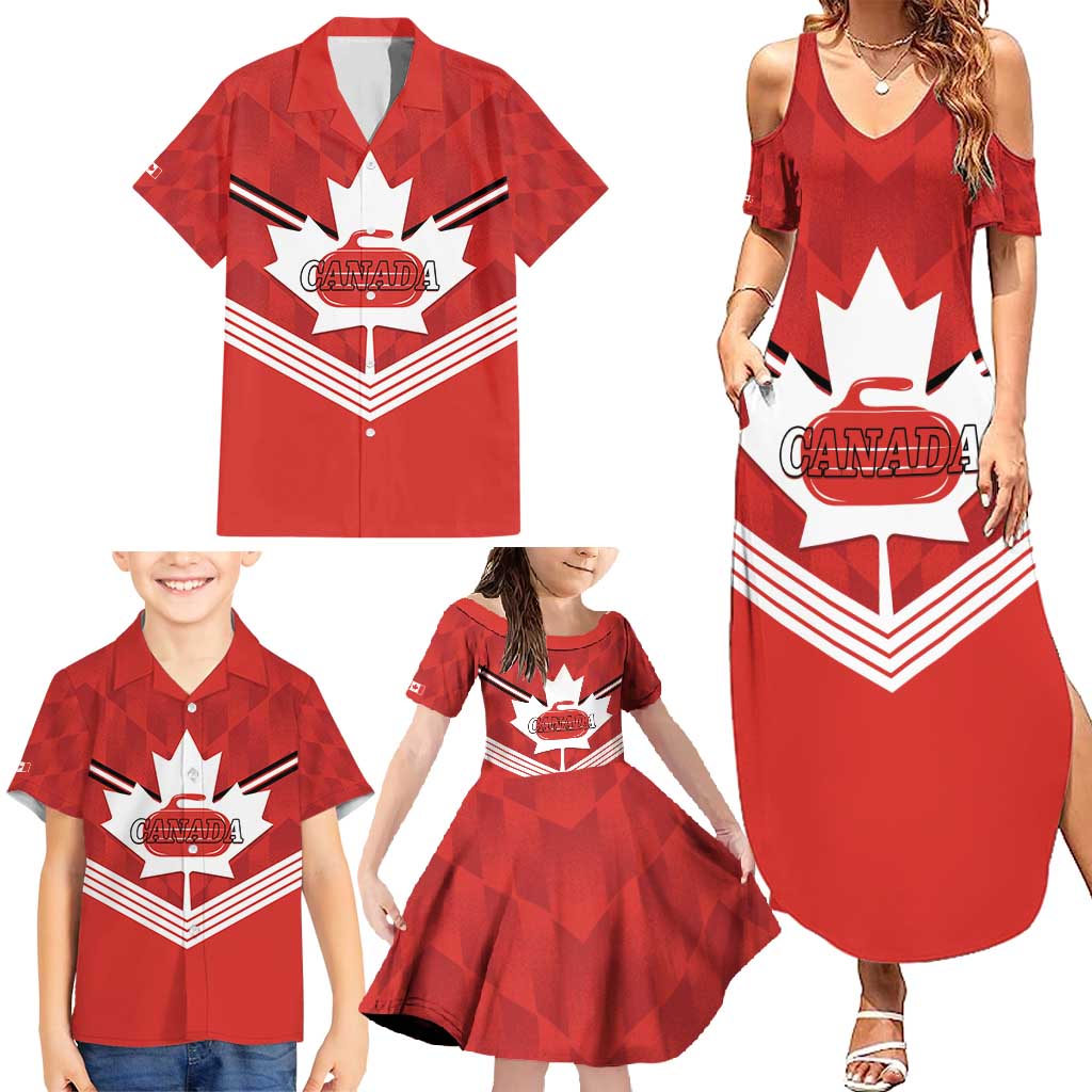 Personalized Canada Curling Family Matching Summer Maxi Dress and Hawaiian Shirt Maple Leaf Red Version - Wonder Print Shop