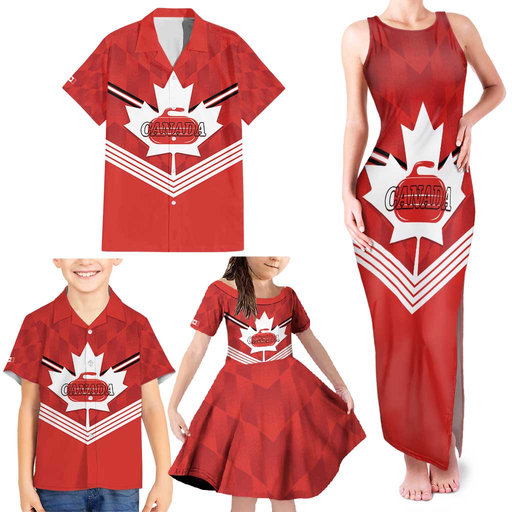 Personalized Canada Curling Family Matching Tank Maxi Dress and Hawaiian Shirt Maple Leaf Red Version - Wonder Print Shop