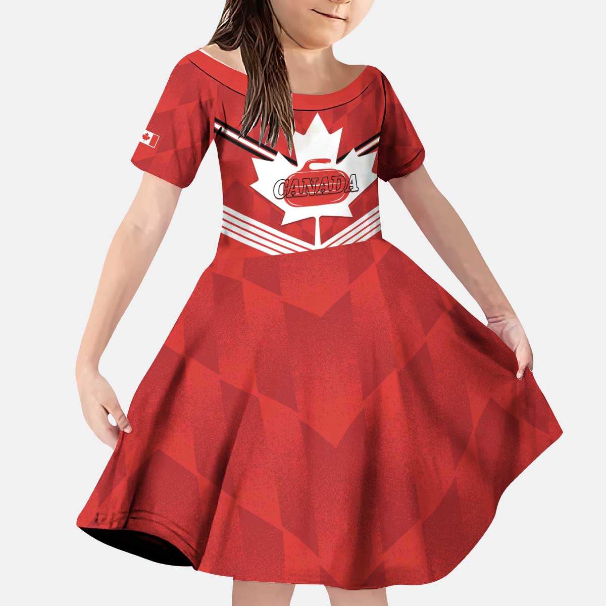 Personalized Canada Curling Kid Short Sleeve Dress Maple Leaf Red Version - Wonder Print Shop