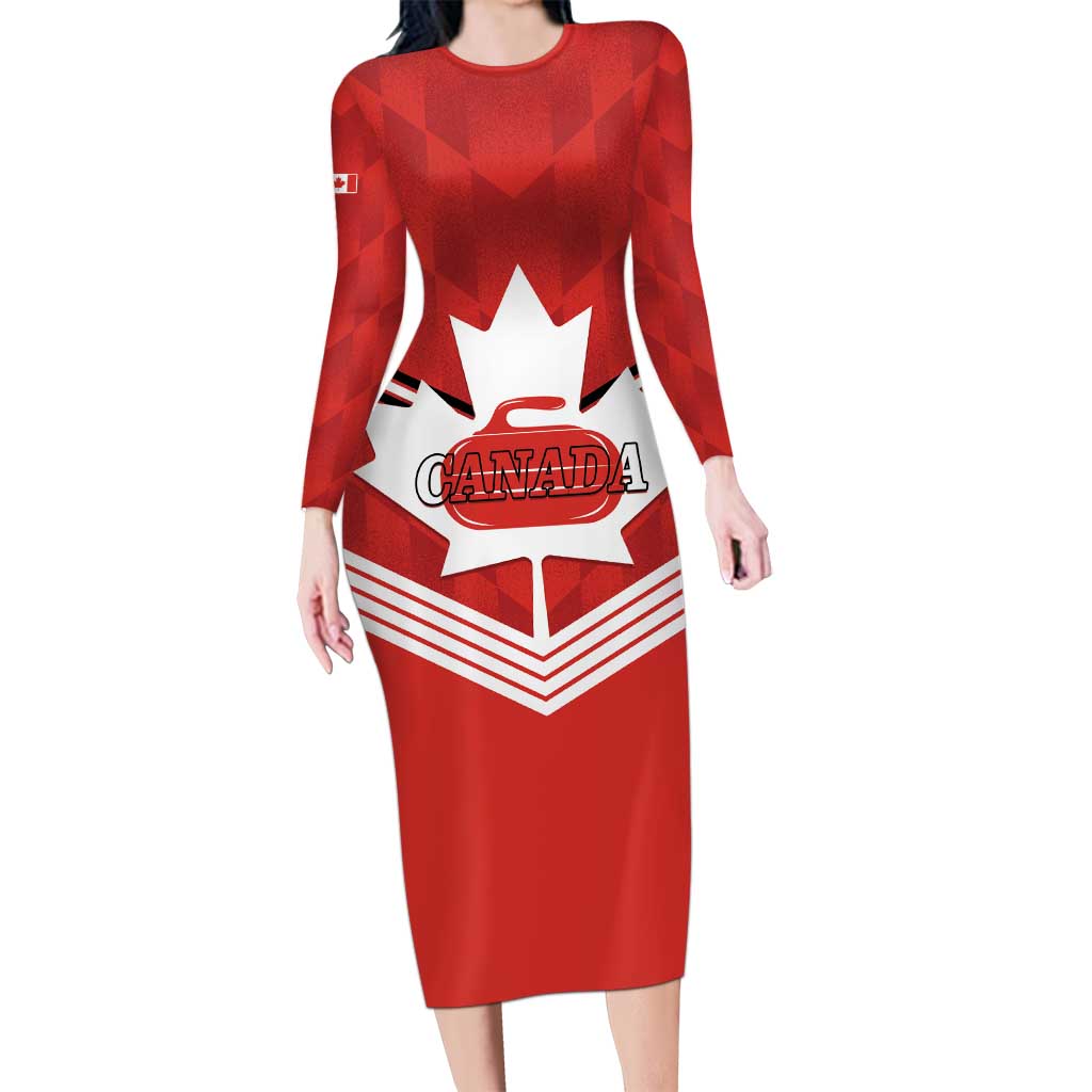 Personalized Canada Curling Long Sleeve Bodycon Dress Maple Leaf Red Version - Wonder Print Shop