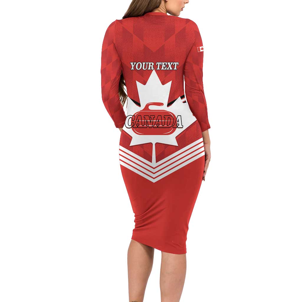 Personalized Canada Curling Long Sleeve Bodycon Dress Maple Leaf Red Version - Wonder Print Shop
