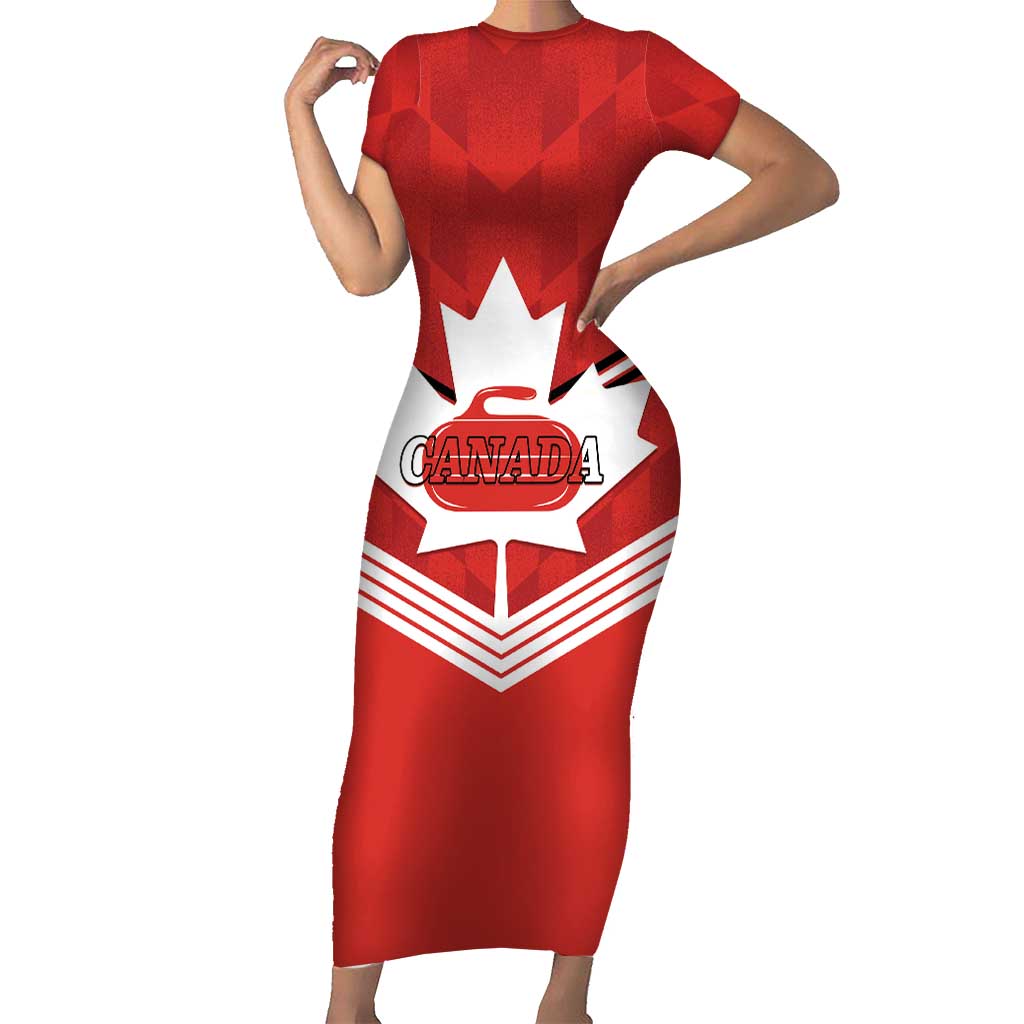Personalized Canada Curling Short Sleeve Bodycon Dress Maple Leaf Red Version - Wonder Print Shop