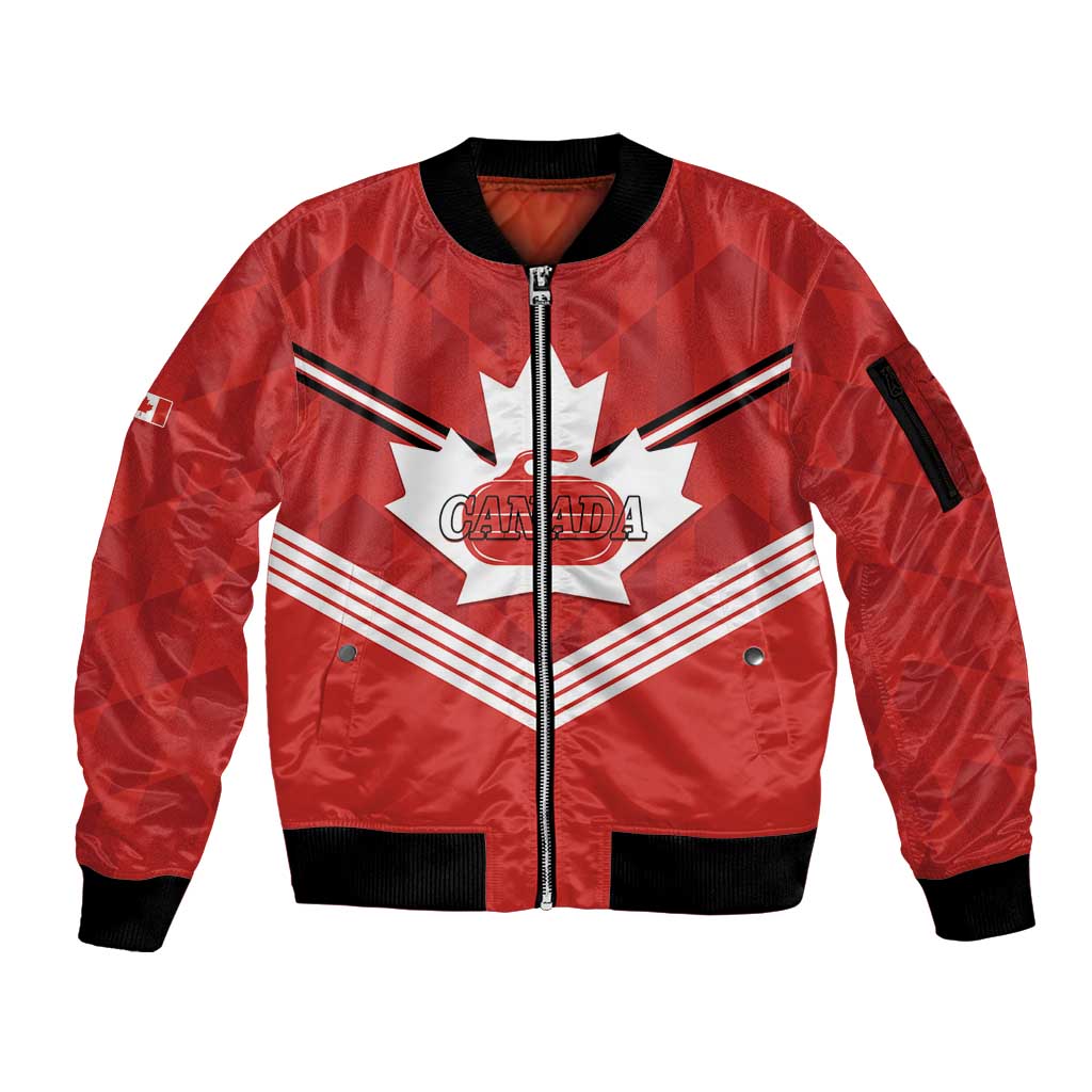 Personalized Canada Curling Sleeve Zip Bomber Jacket Maple Leaf Red Version - Wonder Print Shop