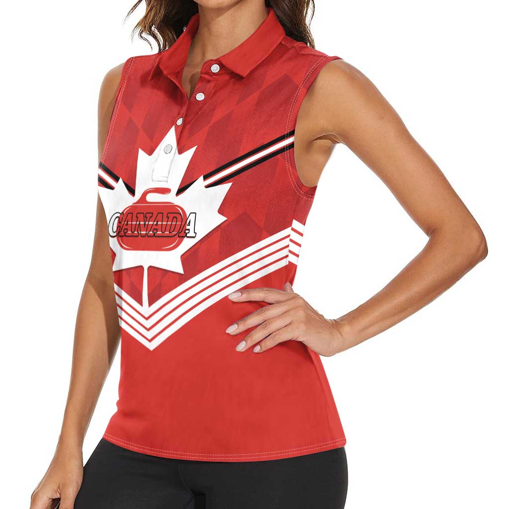 Personalized Canada Curling Women Sleeveless Polo Shirt Maple Leaf Red Version - Wonder Print Shop