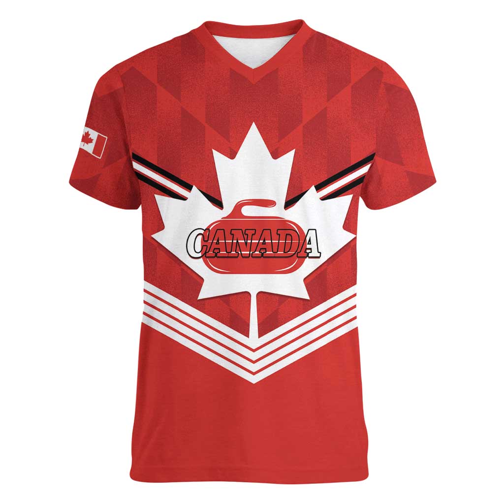 Personalized Canada Curling Women V-Neck T-Shirt Maple Leaf Red Version - Wonder Print Shop