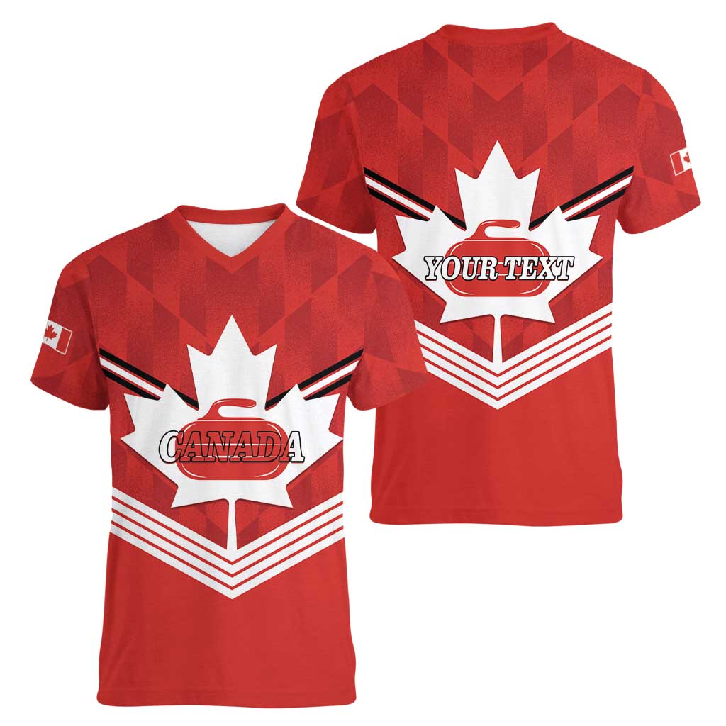 Personalized Canada Curling Women V-Neck T-Shirt Maple Leaf Red Version - Wonder Print Shop