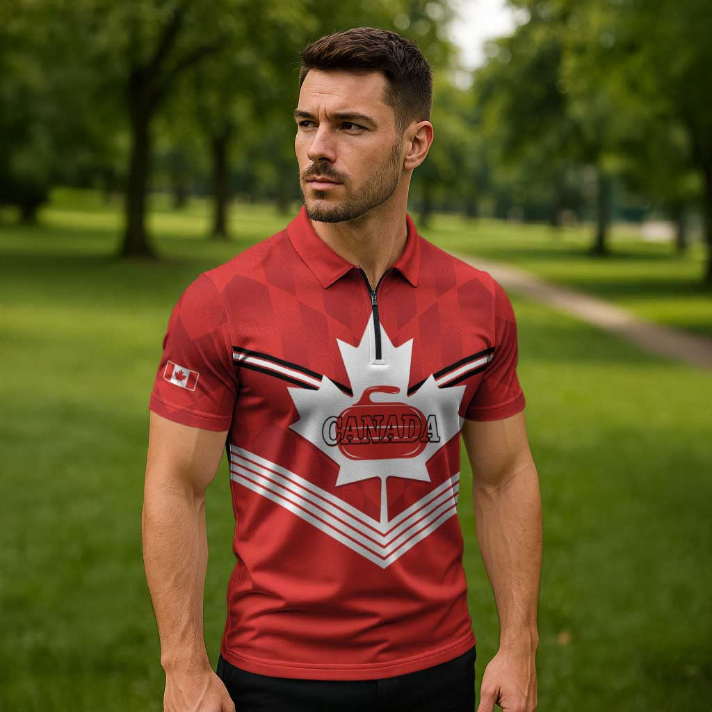 Personalized Canada Curling Zipper Polo Shirt Maple Leaf Red Version - Wonder Print Shop
