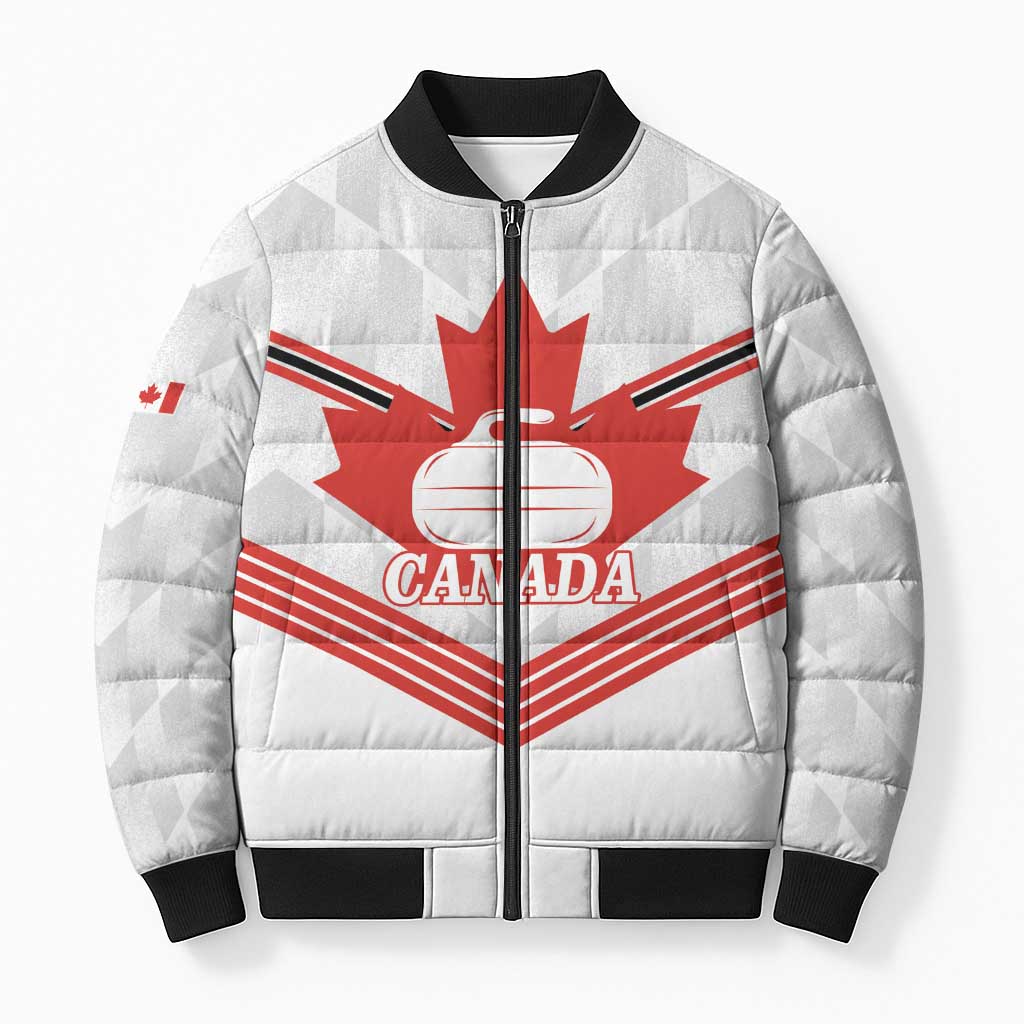 Personalized Canada Curling Bomber Puffer Jacket Maple Leaf White Version - Wonder Print Shop