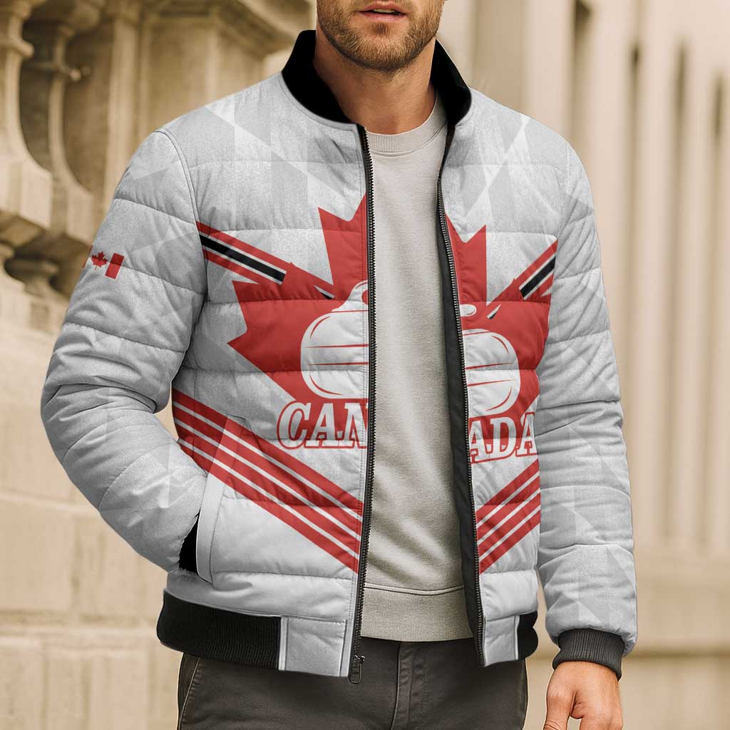 Personalized Canada Curling Bomber Puffer Jacket Maple Leaf White Version - Wonder Print Shop