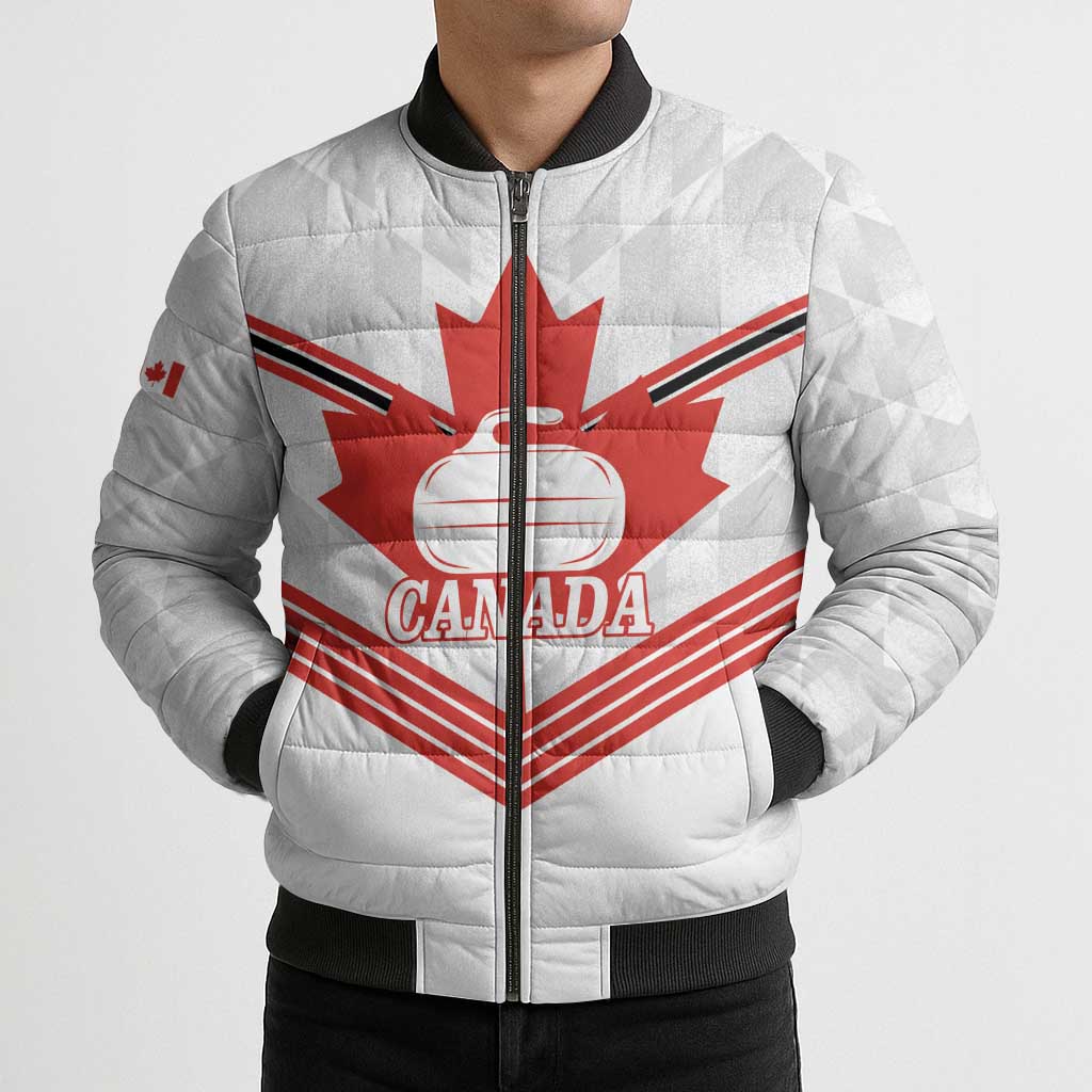 Personalized Canada Curling Bomber Puffer Jacket Maple Leaf White Version - Wonder Print Shop