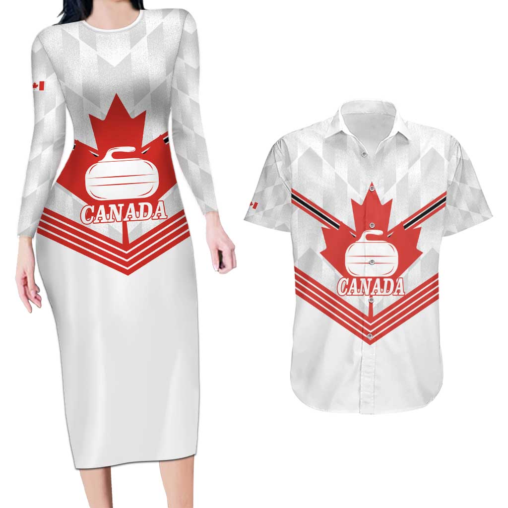 Personalized Canada Curling Couples Matching Long Sleeve Bodycon Dress and Hawaiian Shirt Maple Leaf White Version - Wonder Print Shop