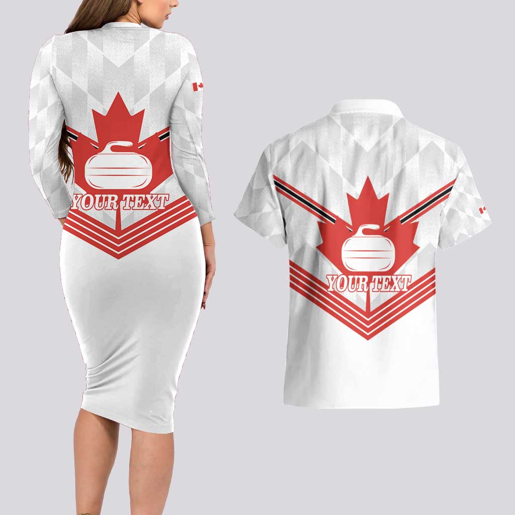Personalized Canada Curling Couples Matching Long Sleeve Bodycon Dress and Hawaiian Shirt Maple Leaf White Version - Wonder Print Shop