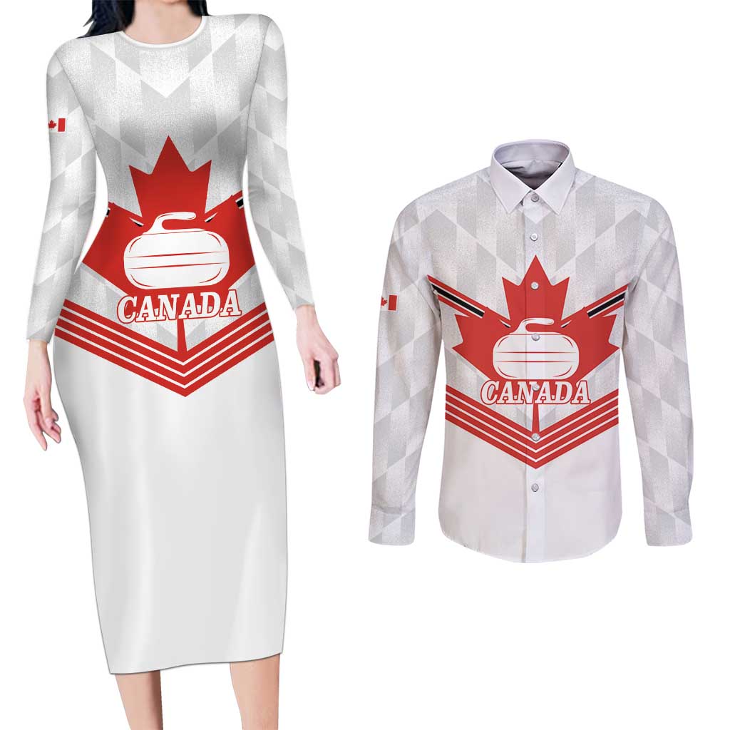Personalized Canada Curling Couples Matching Long Sleeve Bodycon Dress and Long Sleeve Button Shirt Maple Leaf White Version - Wonder Print Shop