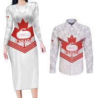 Personalized Canada Curling Couples Matching Long Sleeve Bodycon Dress and Long Sleeve Button Shirt Maple Leaf White Version - Wonder Print Shop