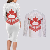 Personalized Canada Curling Couples Matching Long Sleeve Bodycon Dress and Long Sleeve Button Shirt Maple Leaf White Version - Wonder Print Shop
