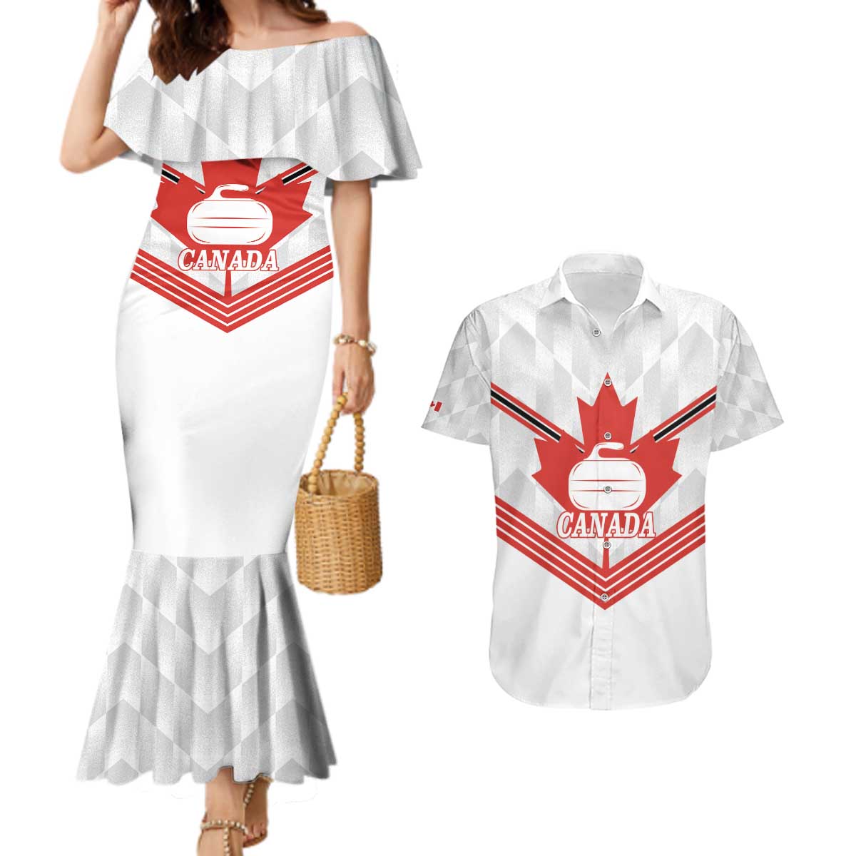 Personalized Canada Curling Couples Matching Mermaid Dress and Hawaiian Shirt Maple Leaf White Version - Wonder Print Shop