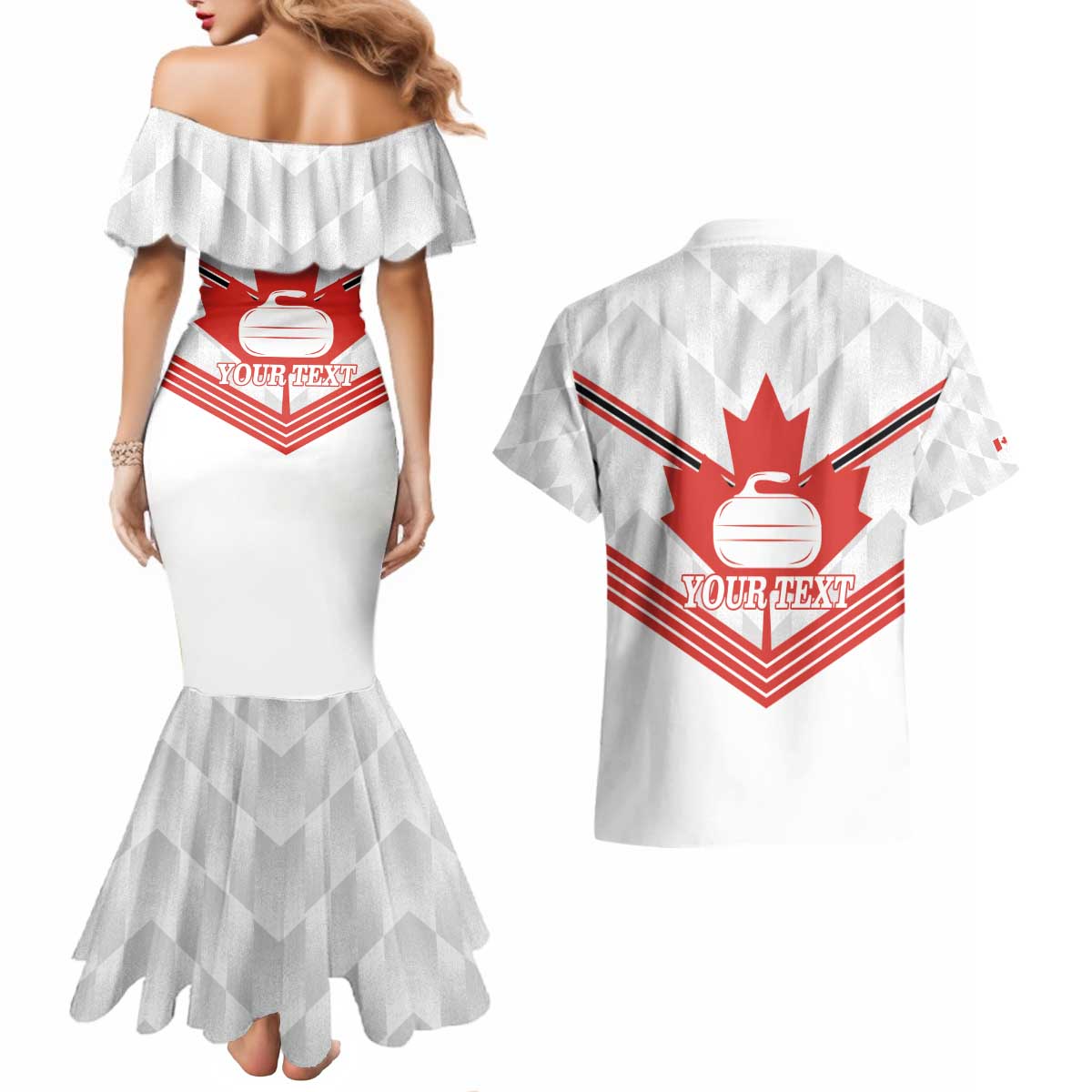 Personalized Canada Curling Couples Matching Mermaid Dress and Hawaiian Shirt Maple Leaf White Version - Wonder Print Shop