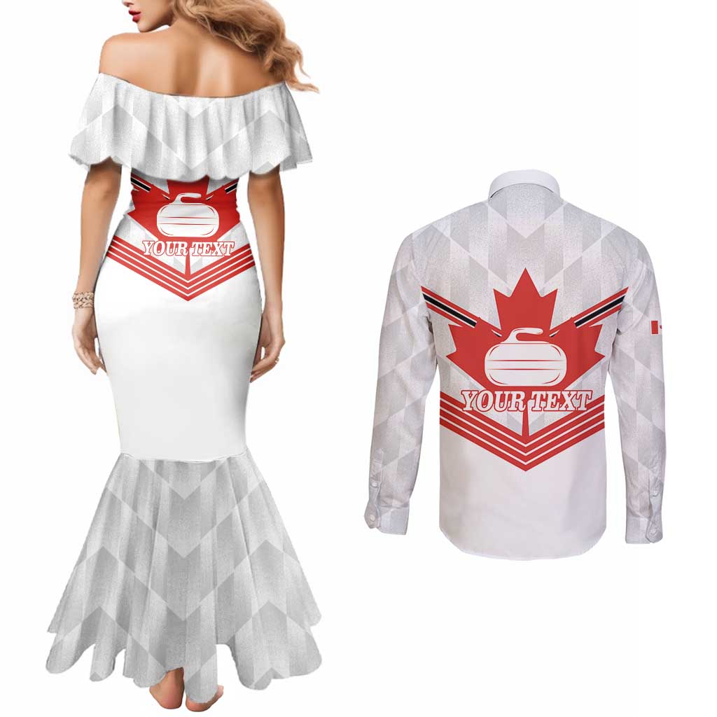 Personalized Canada Curling Couples Matching Mermaid Dress and Long Sleeve Button Shirt Maple Leaf White Version - Wonder Print Shop