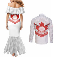 Personalized Canada Curling Couples Matching Mermaid Dress and Long Sleeve Button Shirt Maple Leaf White Version - Wonder Print Shop