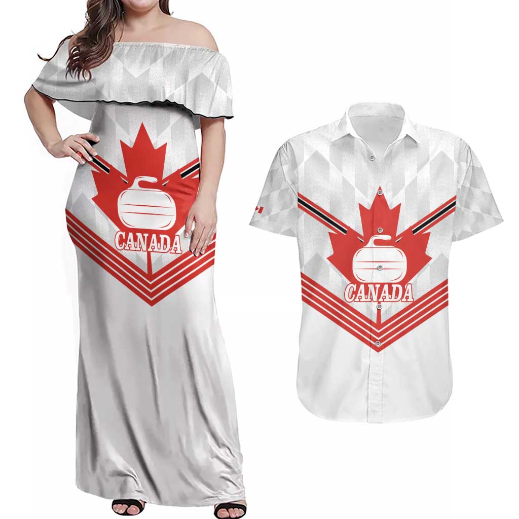 Personalized Canada Curling Couples Matching Off Shoulder Maxi Dress and Hawaiian Shirt Maple Leaf White Version - Wonder Print Shop