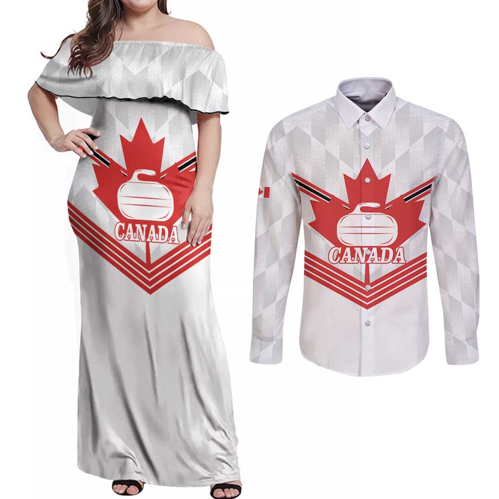 Personalized Canada Curling Couples Matching Off Shoulder Maxi Dress and Long Sleeve Button Shirt Maple Leaf White Version - Wonder Print Shop