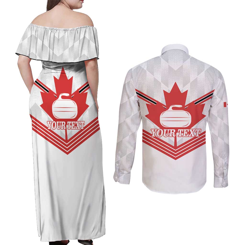 Personalized Canada Curling Couples Matching Off Shoulder Maxi Dress and Long Sleeve Button Shirt Maple Leaf White Version - Wonder Print Shop
