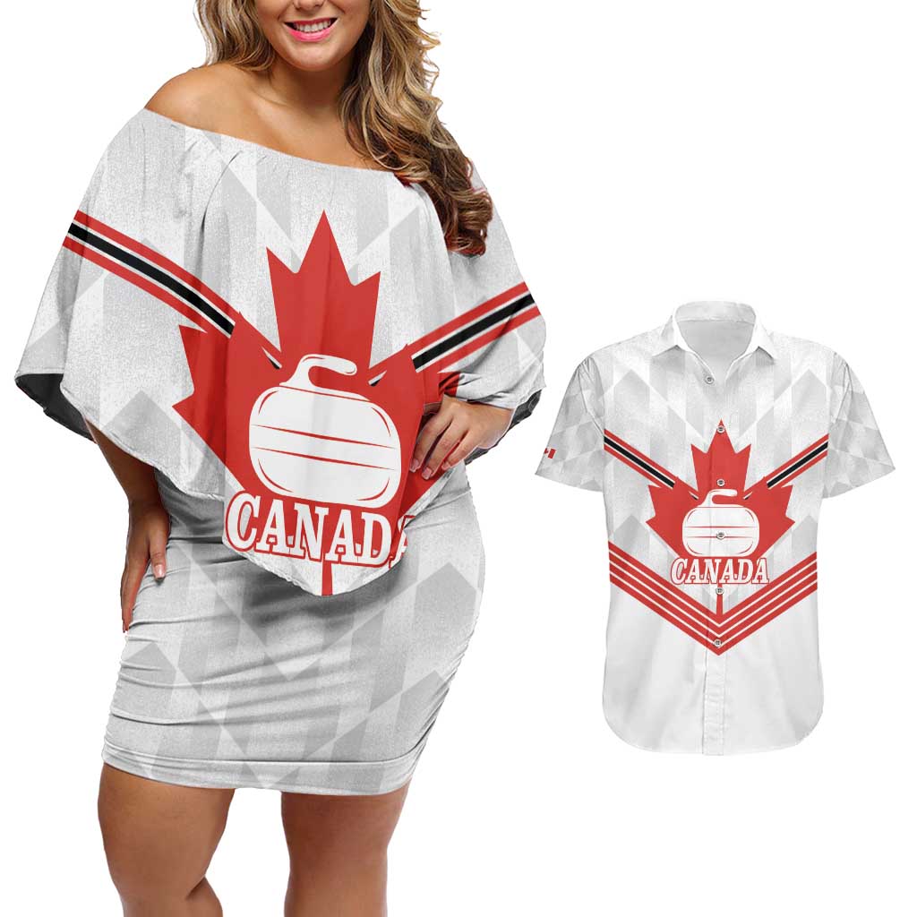 Personalized Canada Curling Couples Matching Off Shoulder Short Dress and Hawaiian Shirt Maple Leaf White Version - Wonder Print Shop